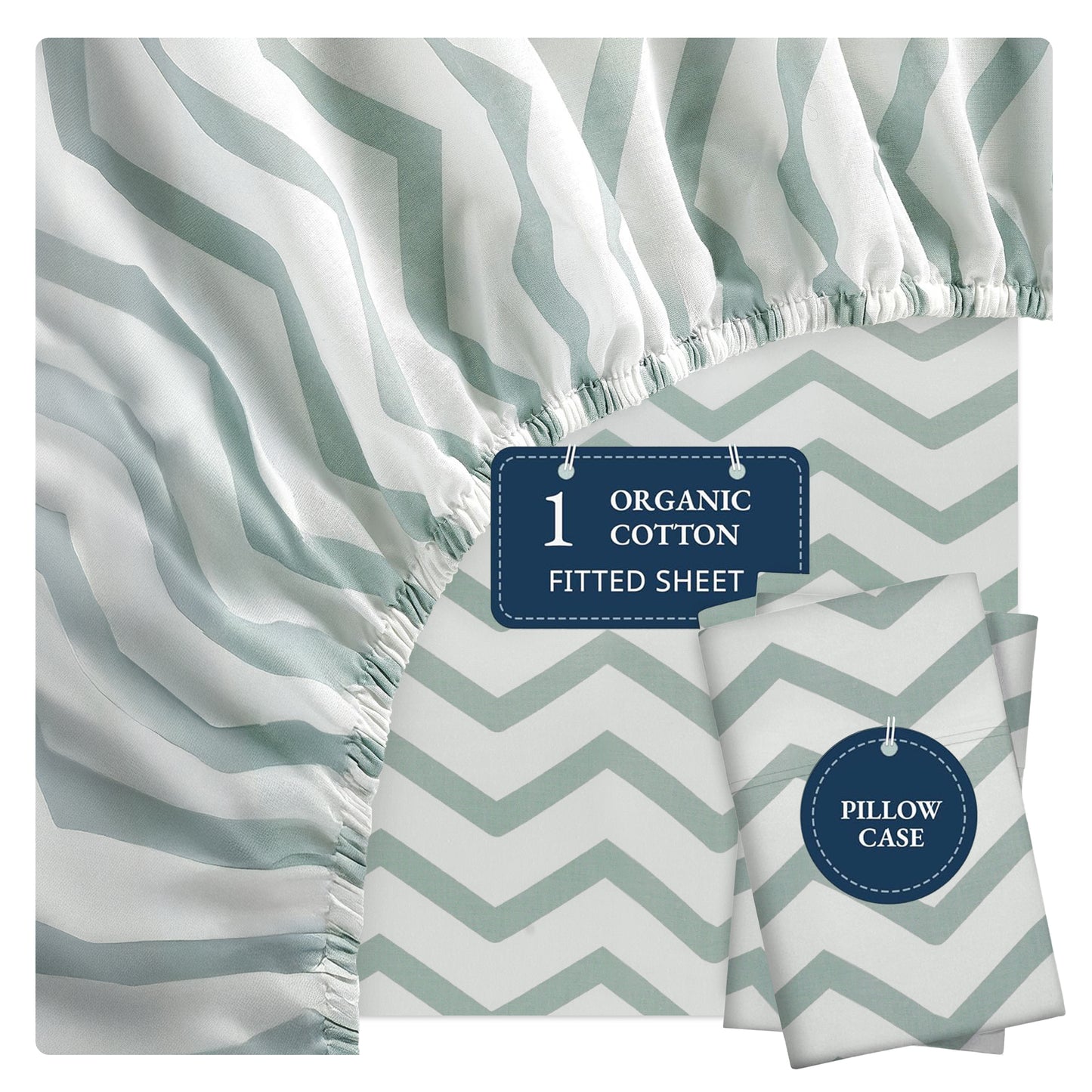 100% Organic Washed Cotton Fitted Sheet Set - Chevron Blue