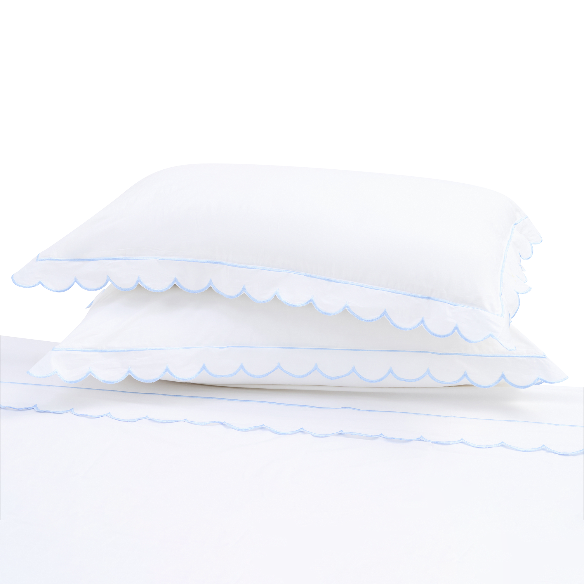100% Cotton Scalloped Sheet Set - White with Pale Blue