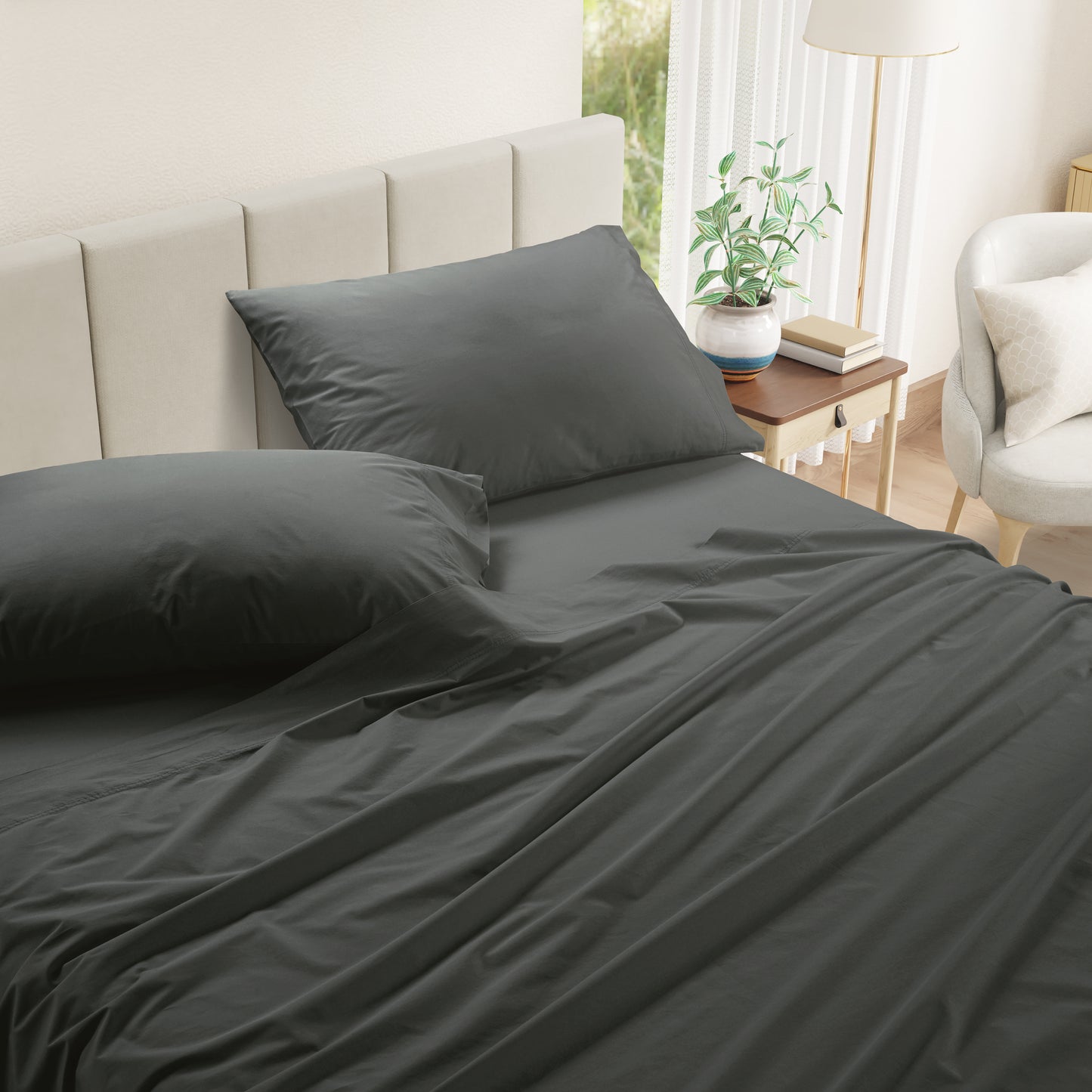 100% Cotton Percale Sheet Set - Charcoal