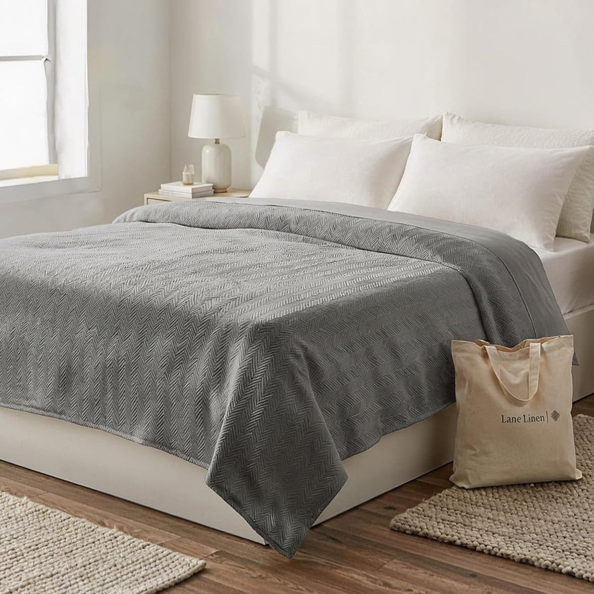 100% Cotton Herringbone Blanket - Grey