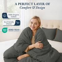 100% Organic Washed Cotton Quilt Cover Set - Charcoal