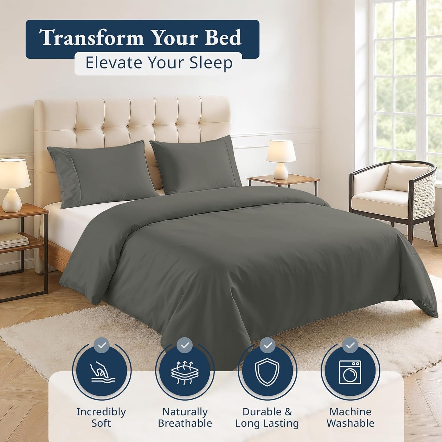 100% Organic Washed Cotton Quilt Cover Set - Charcoal
