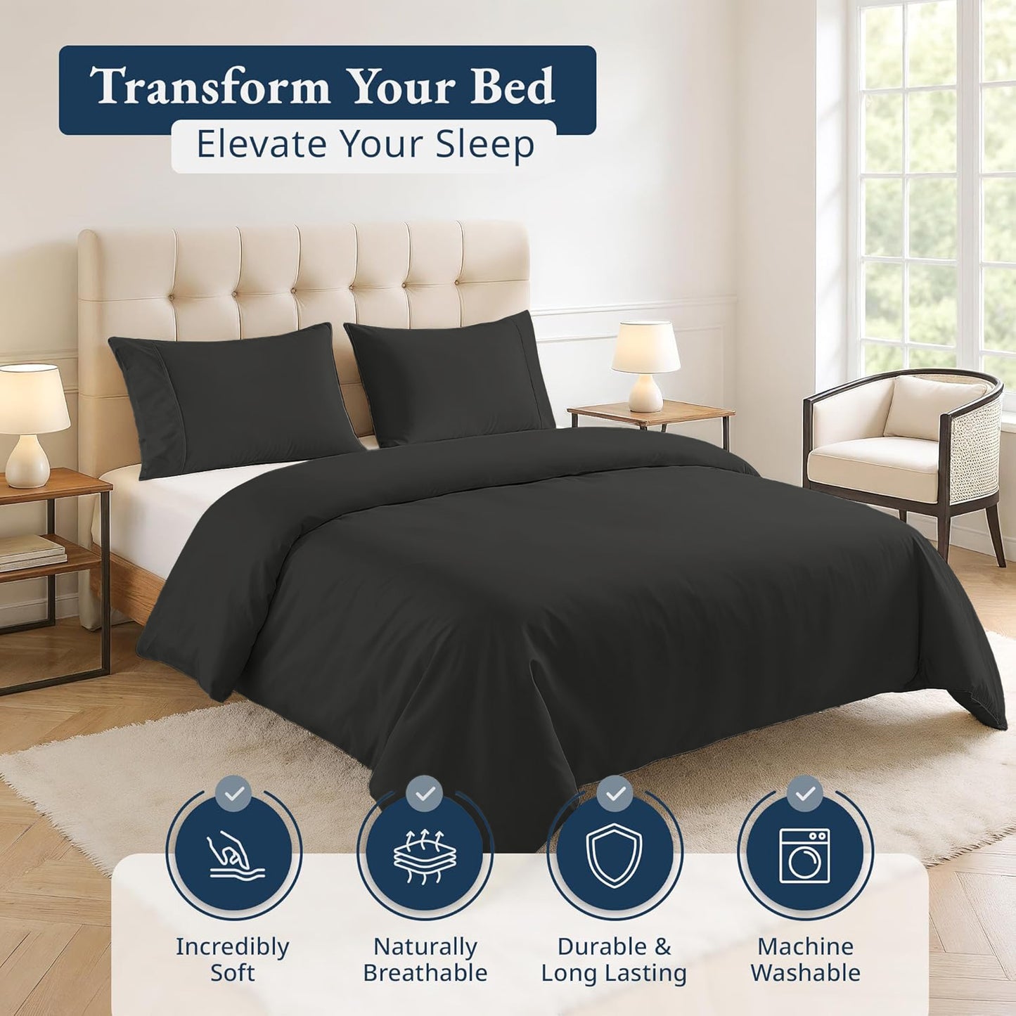 100% Organic Washed Cotton Quilt Cover Set - Black