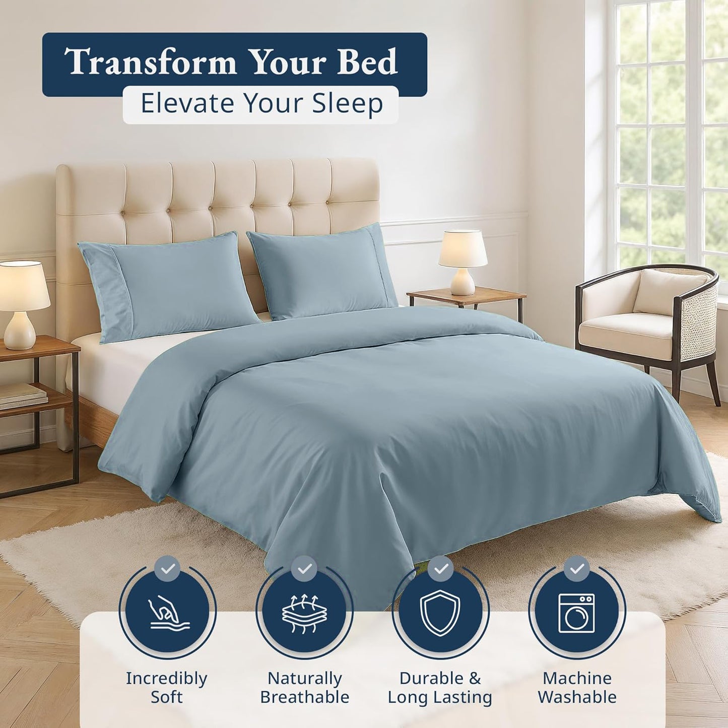 100% Organic Washed Cotton Quilt Cover Set - French Blue