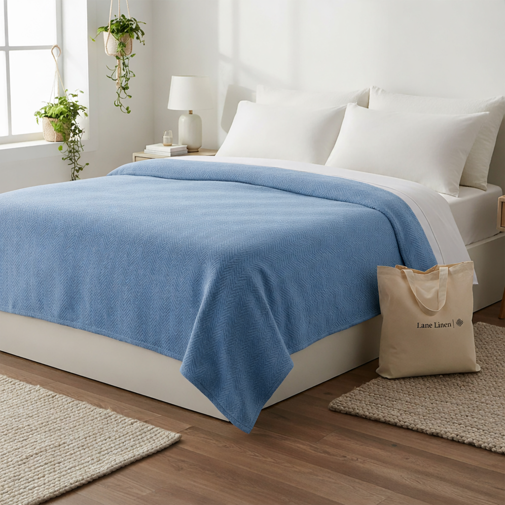 100% Cotton Herringbone Blanket - Light Blue