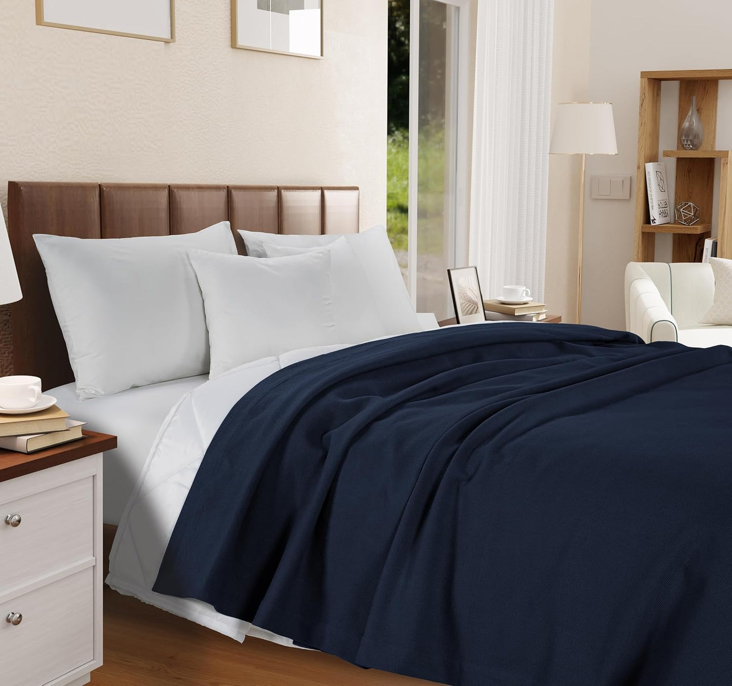 100% Cotton Herringbone Blanket - Navy
