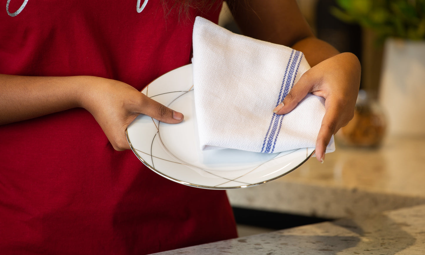 Set of 6 Herringbone Kitchen Towels - Blue Stripe