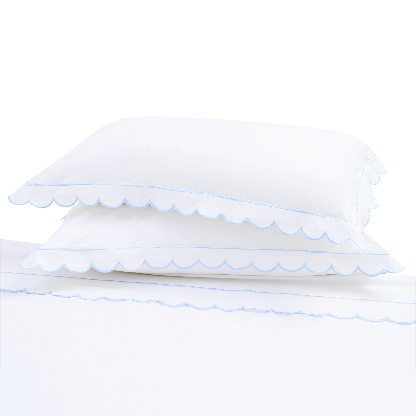 100% Cotton Scalloped Sheet Set - White with Pale Blue
