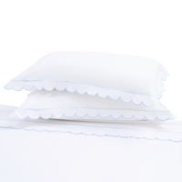 100% Cotton Scalloped Sheet Set - White with Pale Blue