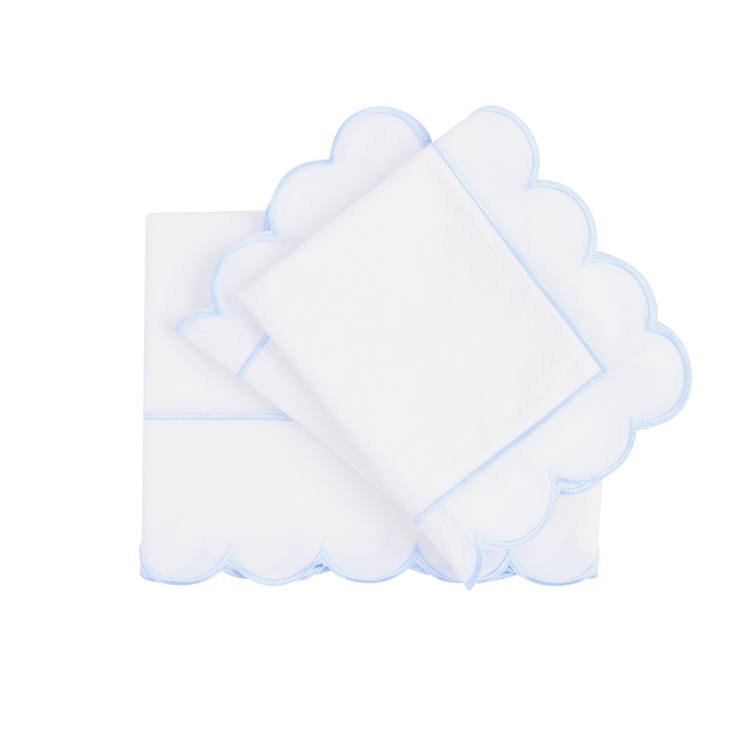 100% Cotton Scalloped Sheet Set - White with Pale Blue